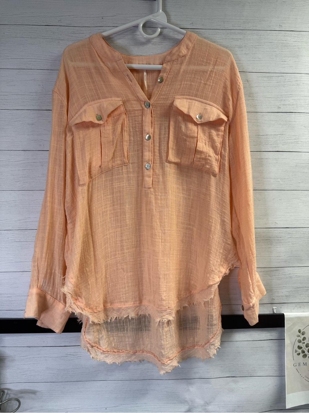 Free People Peach Gauze Raw Hem Oversized Tunic Top M/L Boho Clean Beauty - Picture 3 of 15